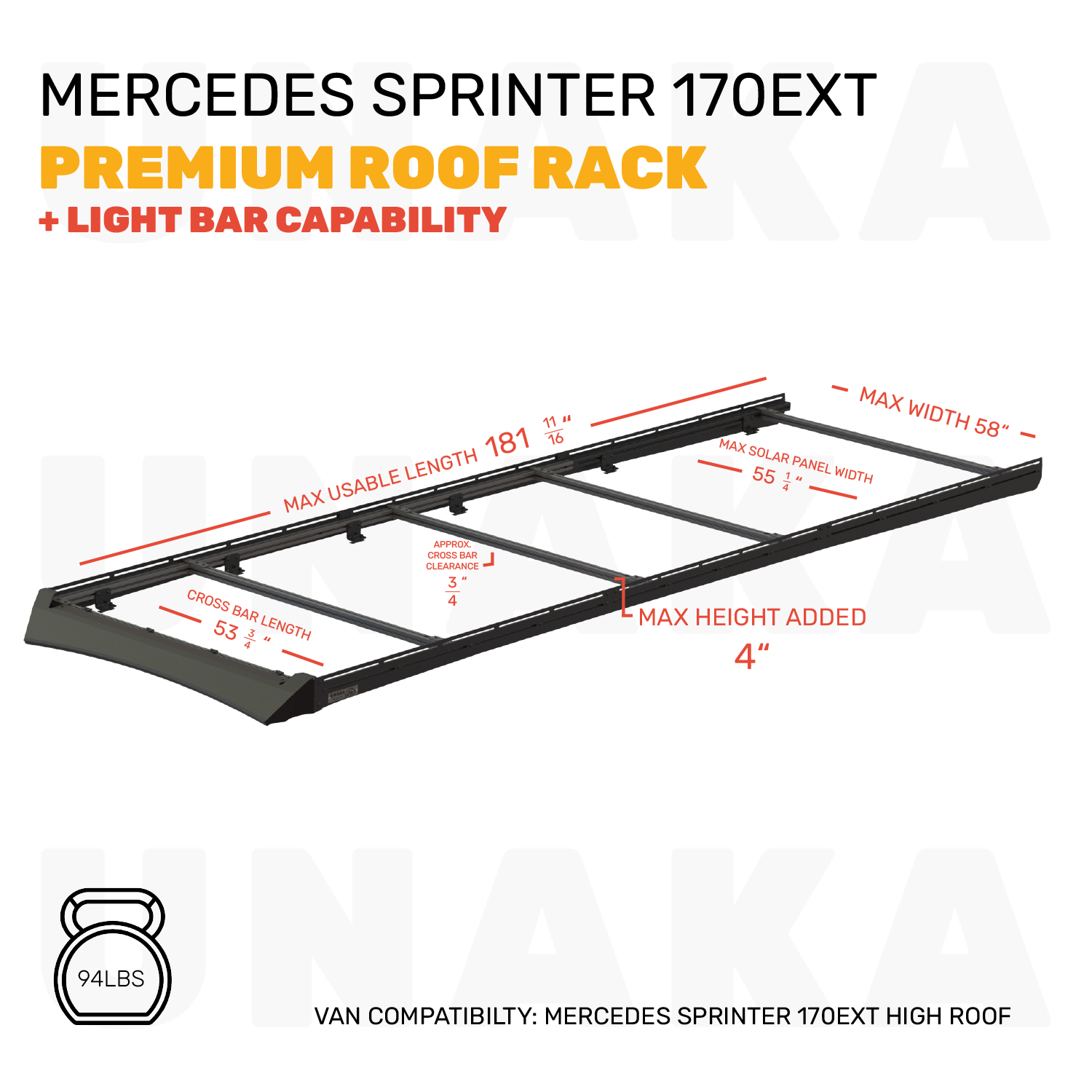 Unaka Gear Co. Mercedes Sprinter Roof Rack - Premium Light Bar - 170" EXT High Roof - Light Bar Mounting Hardware