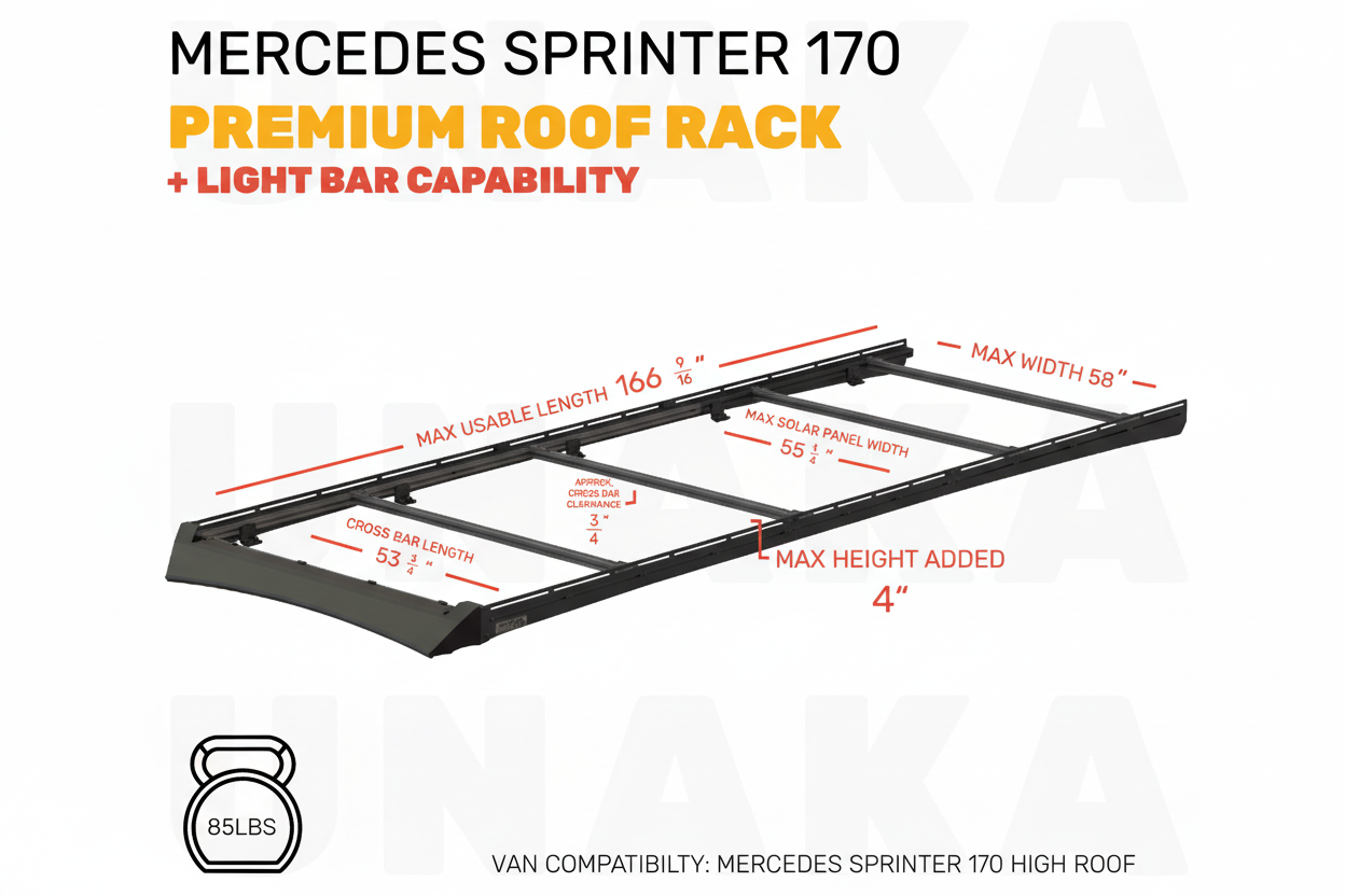 Unaka Gear Co. Mercedes Sprinter Roof Rack - Premium Light Bar - 170" High Roof - Light Bar Mounting Hardware