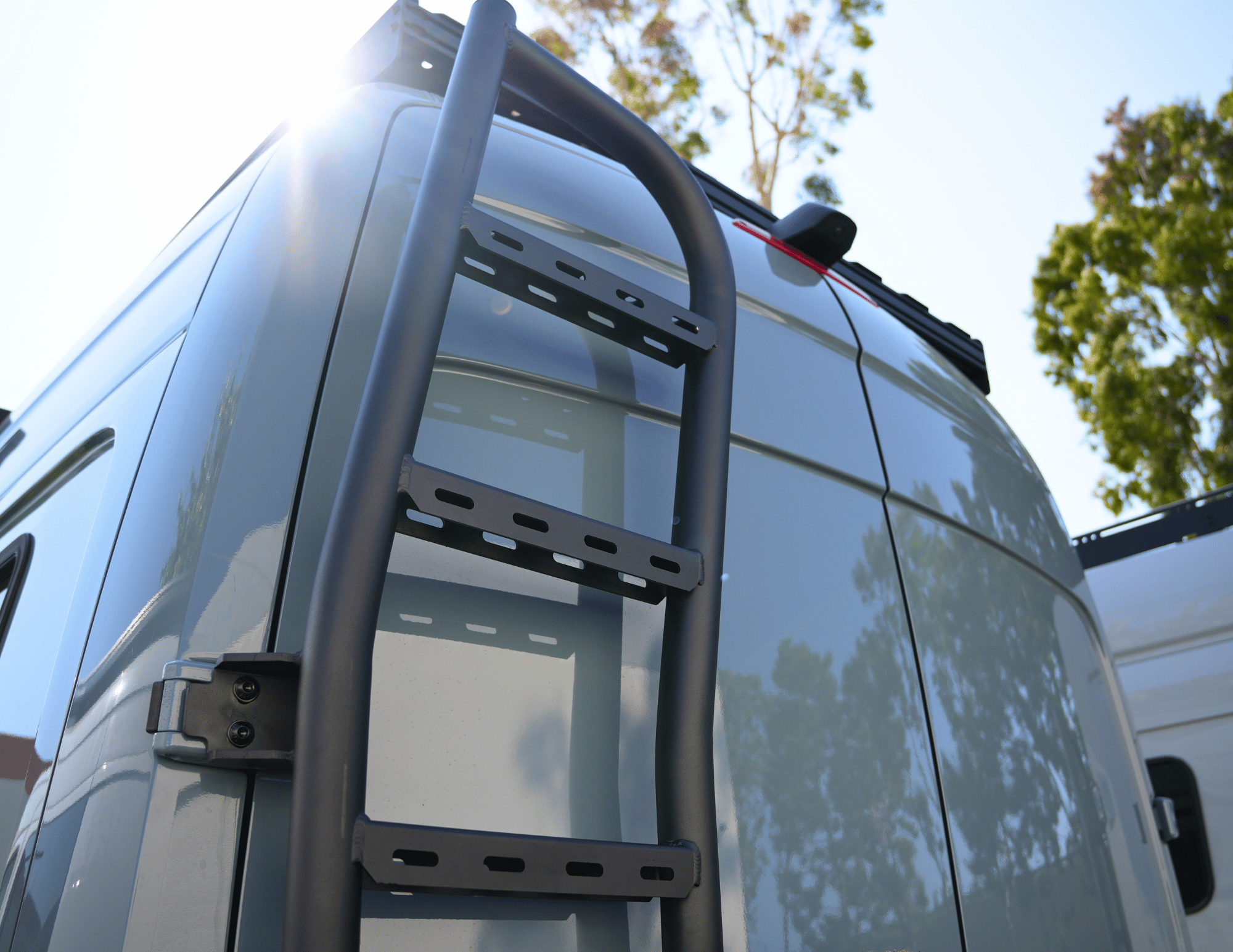 Mercedes Sprinter Rear Door Ladder & Tire Carrier (2019+) - White Top Adventures® Aluminum Combo