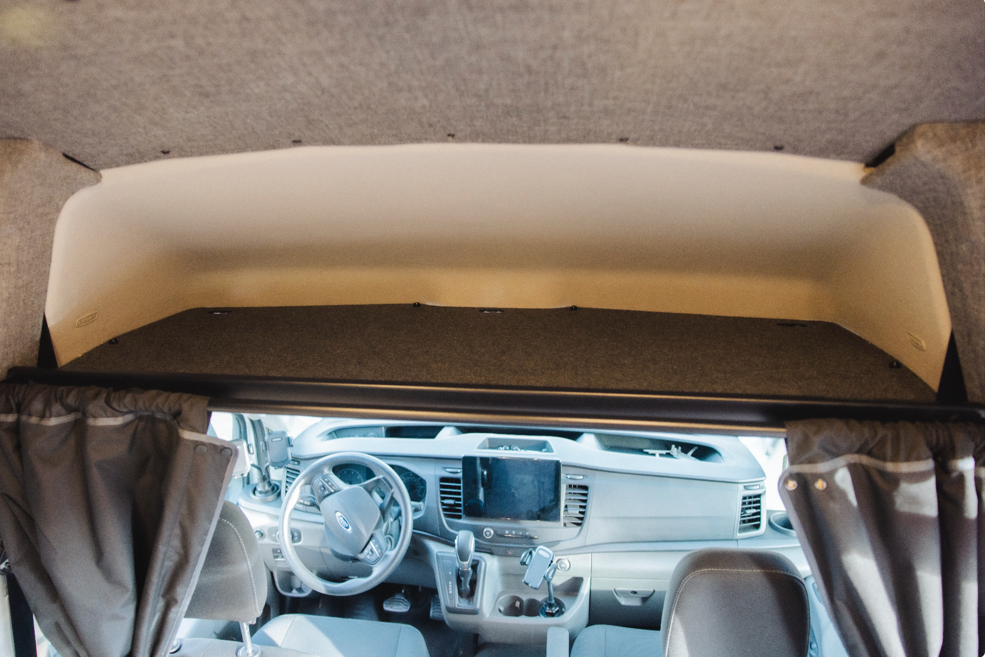 VanEssential Ford Transit Headliner Shelf & Curtain Rod - 150-Liter Overhead Storage