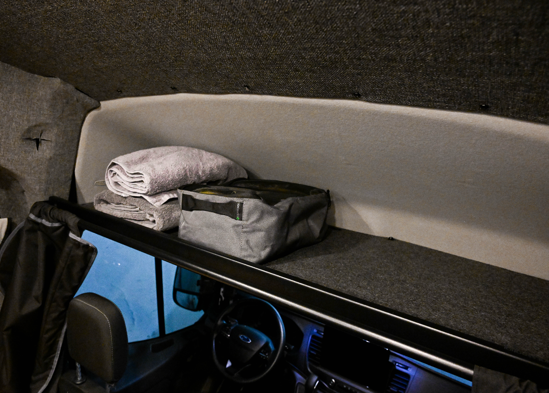 VanEssential Ford Transit Headliner Shelf & Curtain Rod - 150-Liter Overhead Storage