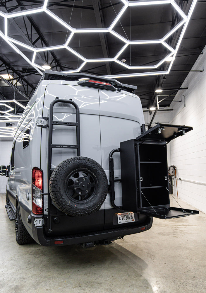 ROVER VANS REAR DOOR LADDER & TIRE CARRIER (TRANSIT 2015+) - ALUMINUM 2025 EDITION