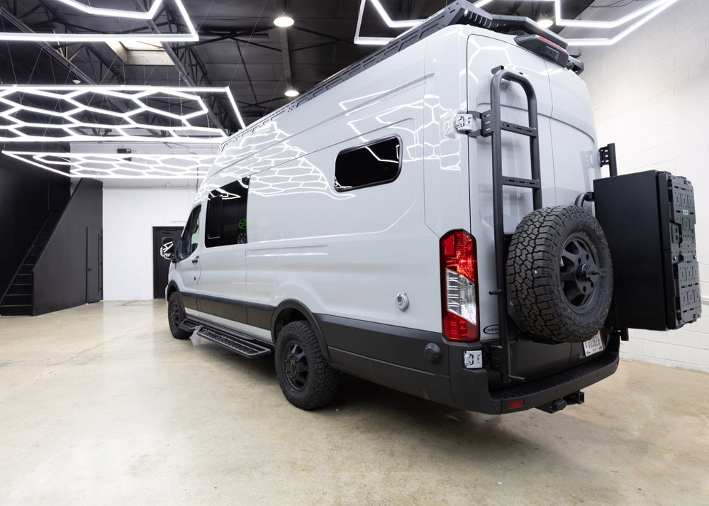 ROVER VANS REAR DOOR LADDER & TIRE CARRIER (TRANSIT 2015+) - ALUMINUM 2025 EDITION