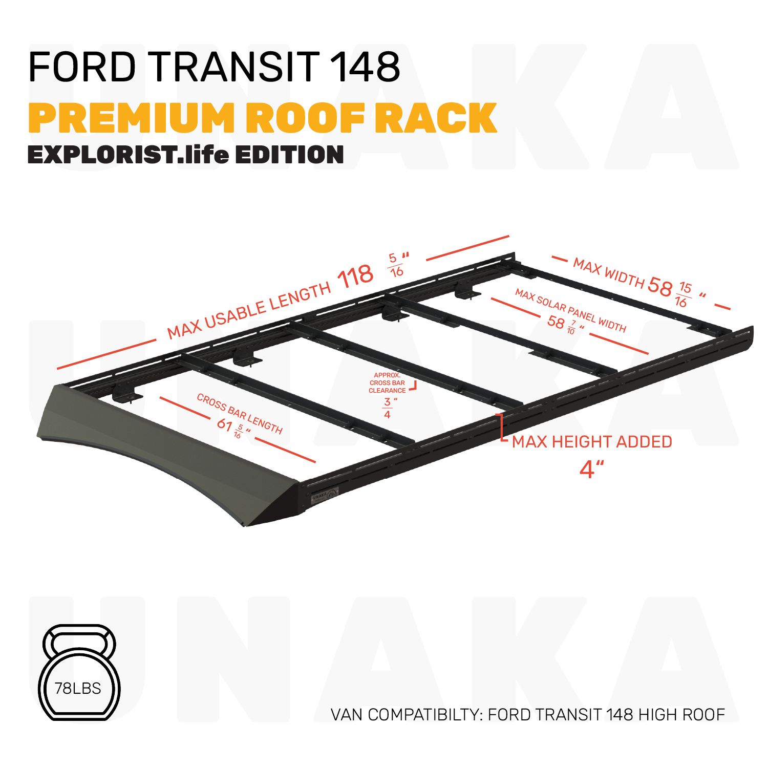 Unaka Gear Co. Ford Transit Roof Rack – Premium Explorist.life - 148" High Roof - Modular Roof Rack System