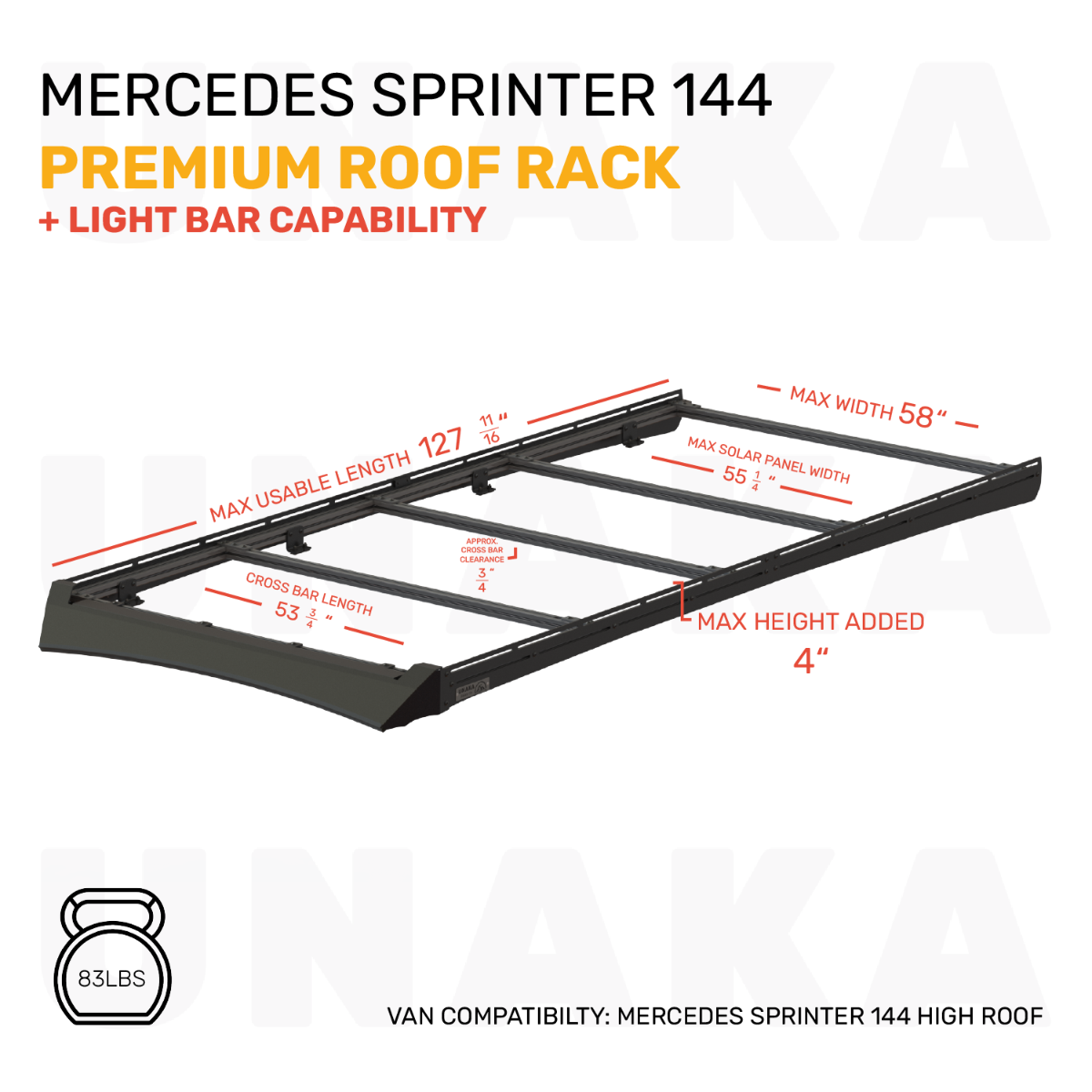 Unaka Gear Co. Mercedes Sprinter Roof Rack - Premium Light Bar - 144" High Roof - Light Bar Mounting Hardware
