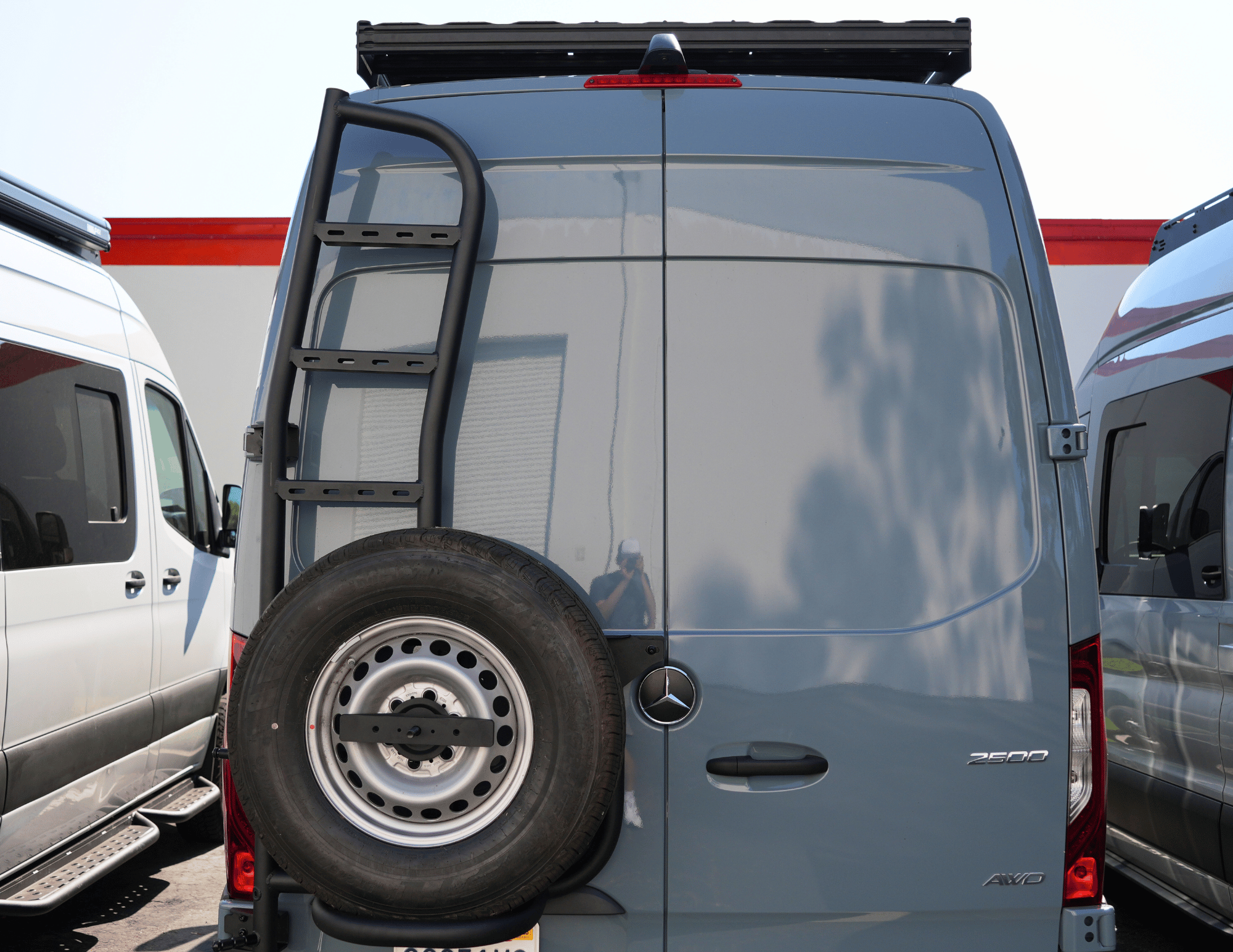 Mercedes Sprinter Rear Door Ladder & Tire Carrier (2019+) - White Top Adventures® Aluminum Combo