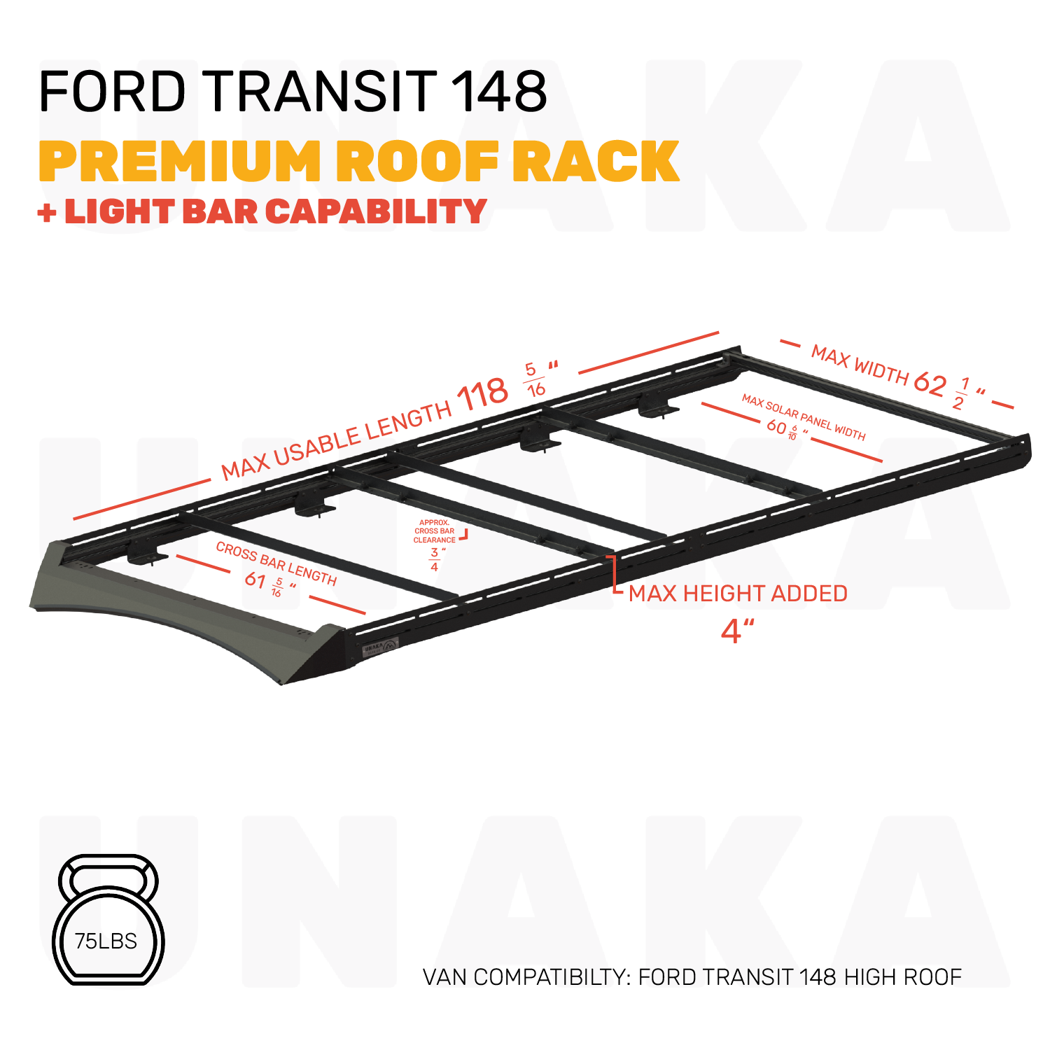 Unaka Gear Co. Ford Transit Roof Rack - Premium Light Bar - 148" High Roof - Light Bar Mounting Hardware