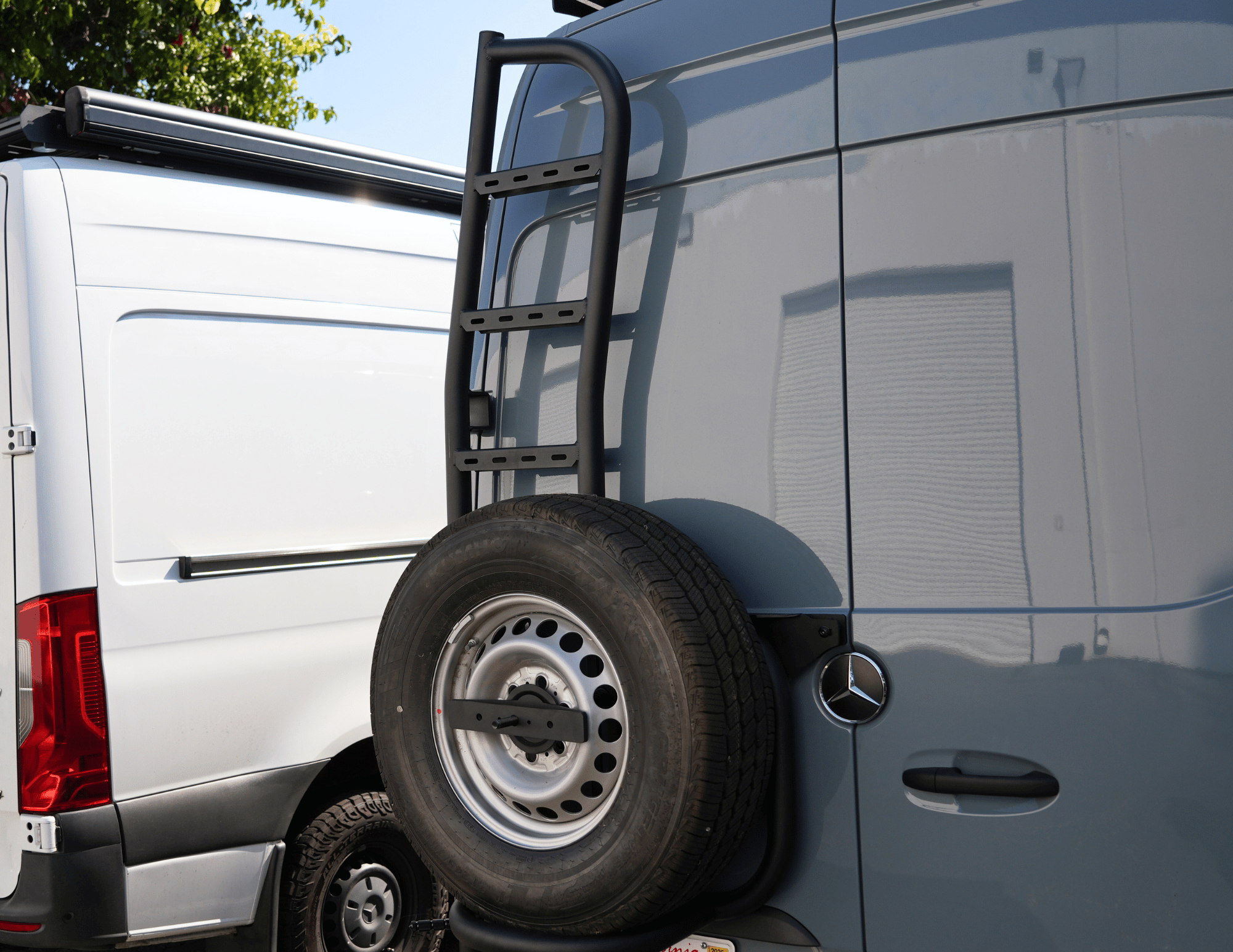 Mercedes Sprinter Rear Door Ladder & Tire Carrier (2019+) - White Top Adventures® Aluminum Combo