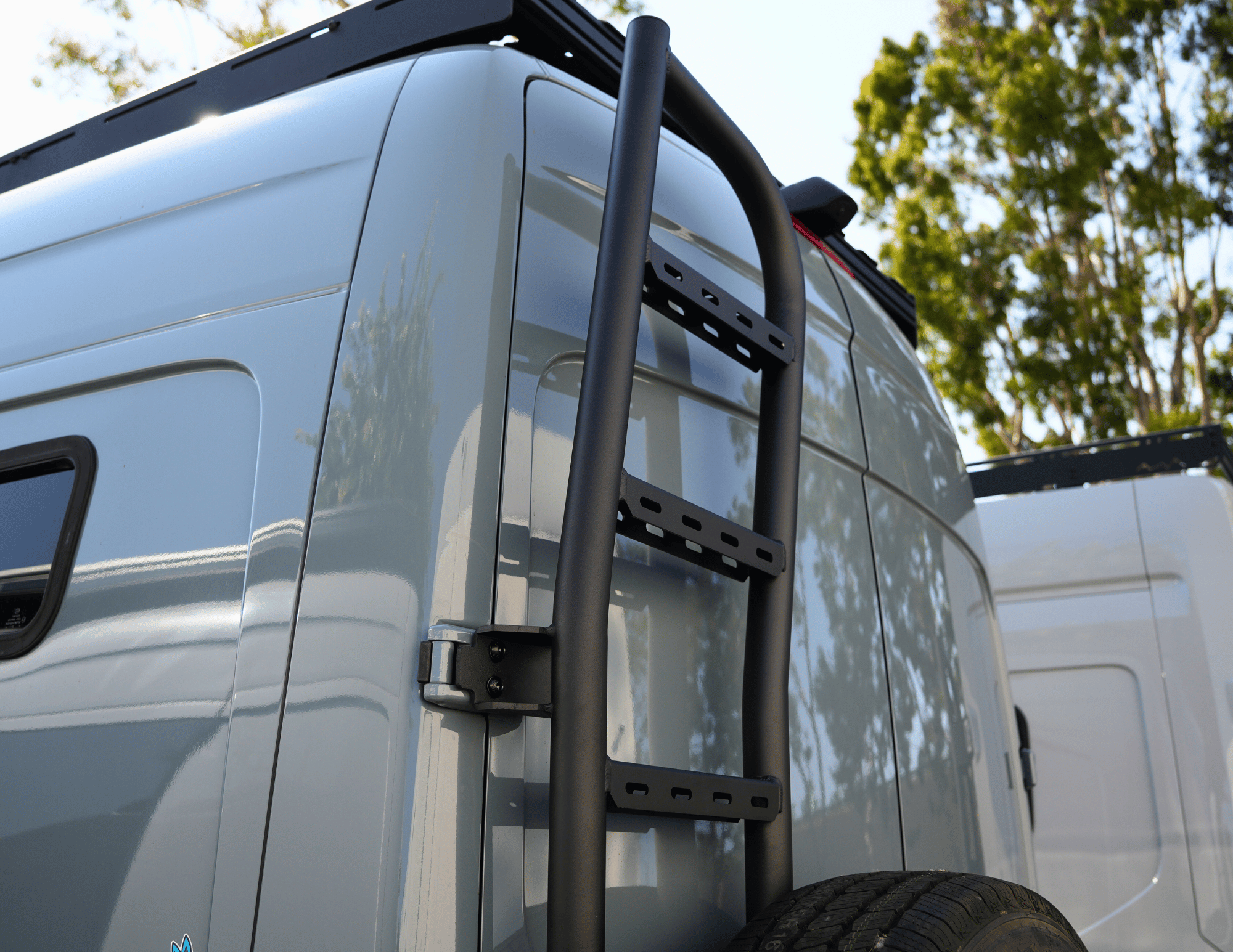 Mercedes Sprinter Rear Door Ladder & Tire Carrier (2019+) - White Top Adventures® Aluminum Combo
