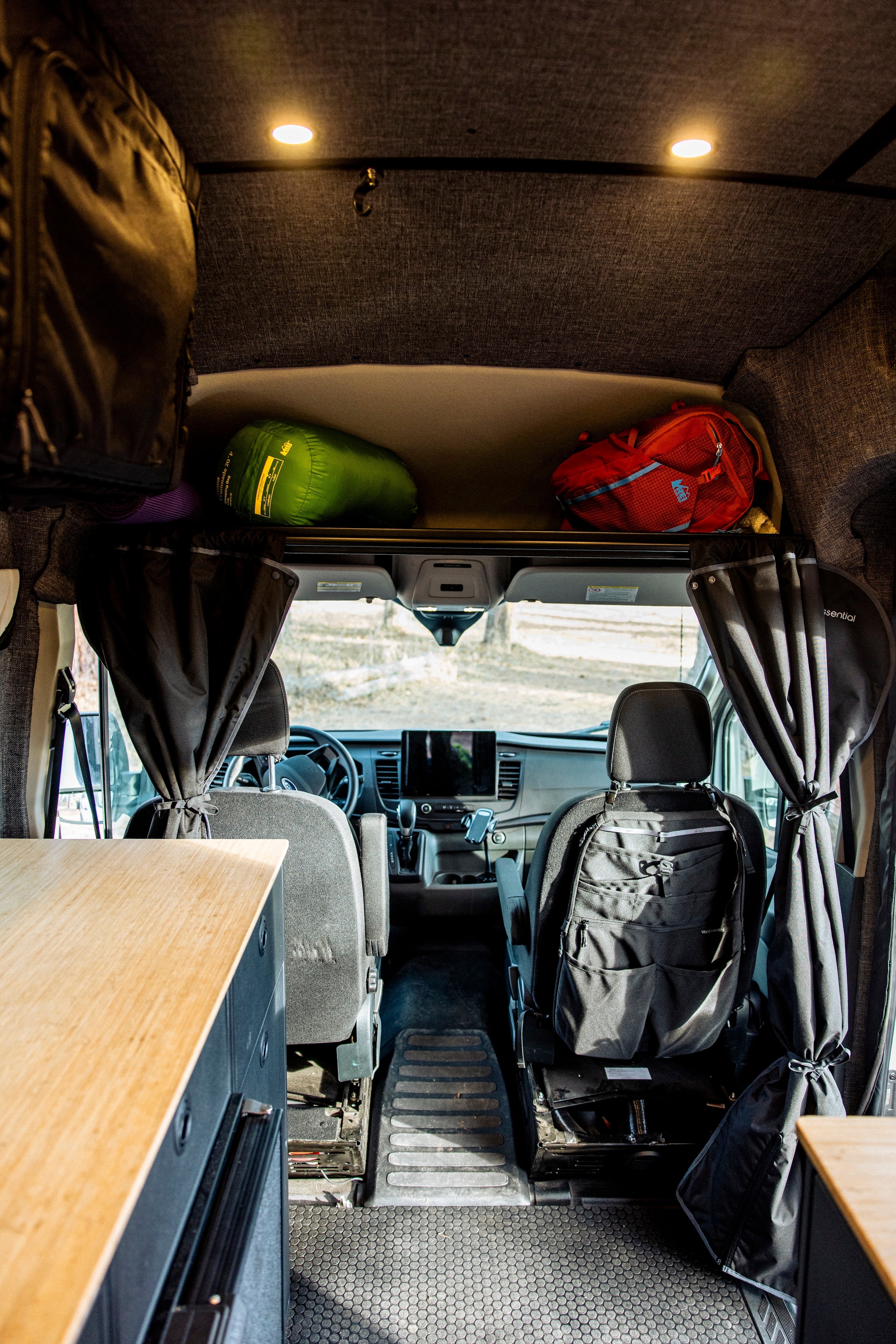 VanEssential Ford Transit Headliner Shelf & Curtain Rod - 150-Liter Overhead Storage